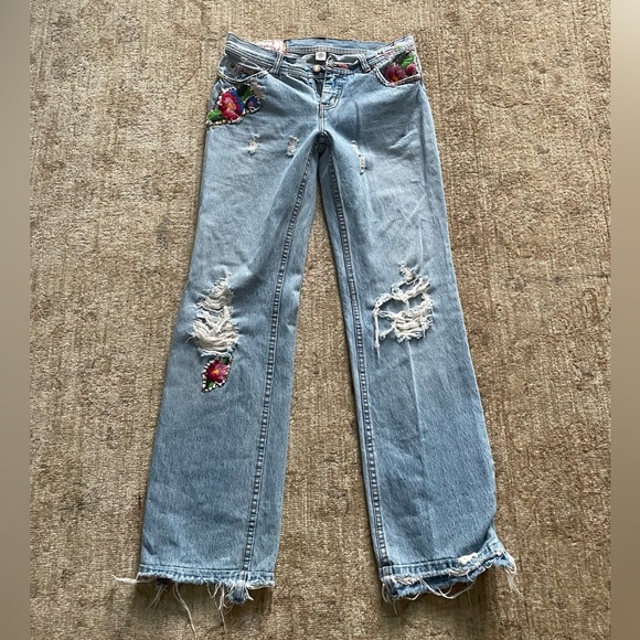Free People Denim - Free People Distressed Low Rise Straight Leg Embroidered Jeans, Size 26